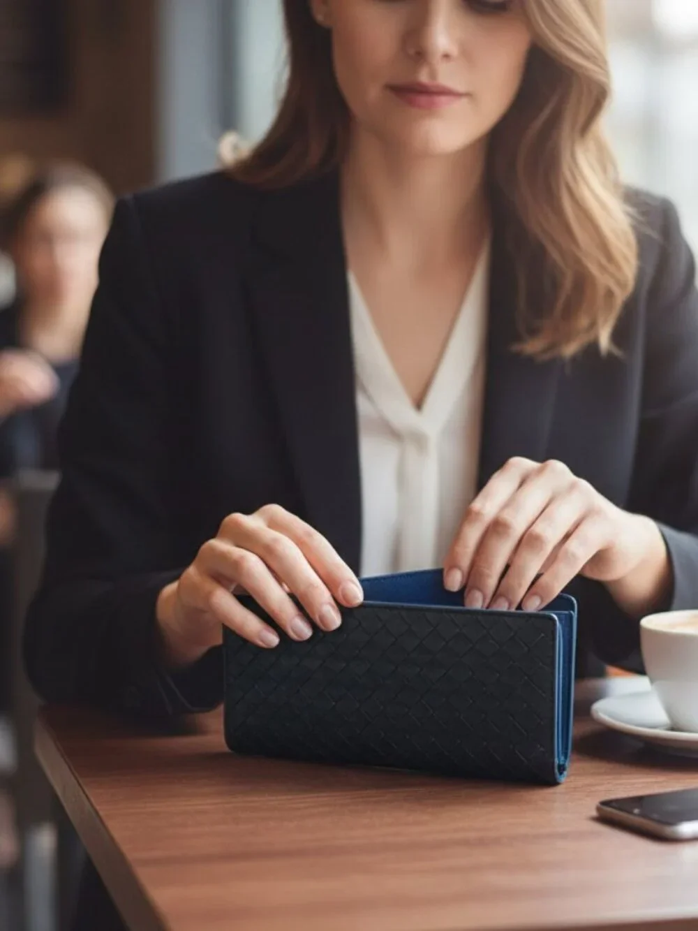 Bottega Veneta Black Nappa Intrecciato Long Flap Wallet – Blue Interior P0229